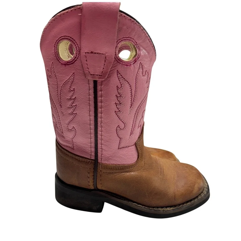 Old West Cowboy Boots Kids Size 6.5 Leather Embroidered Pink Brown